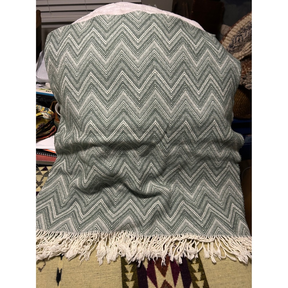 Nido Notte Italia Green Chevron Cotton Blend Fringe Throw Blanket Made in Italy